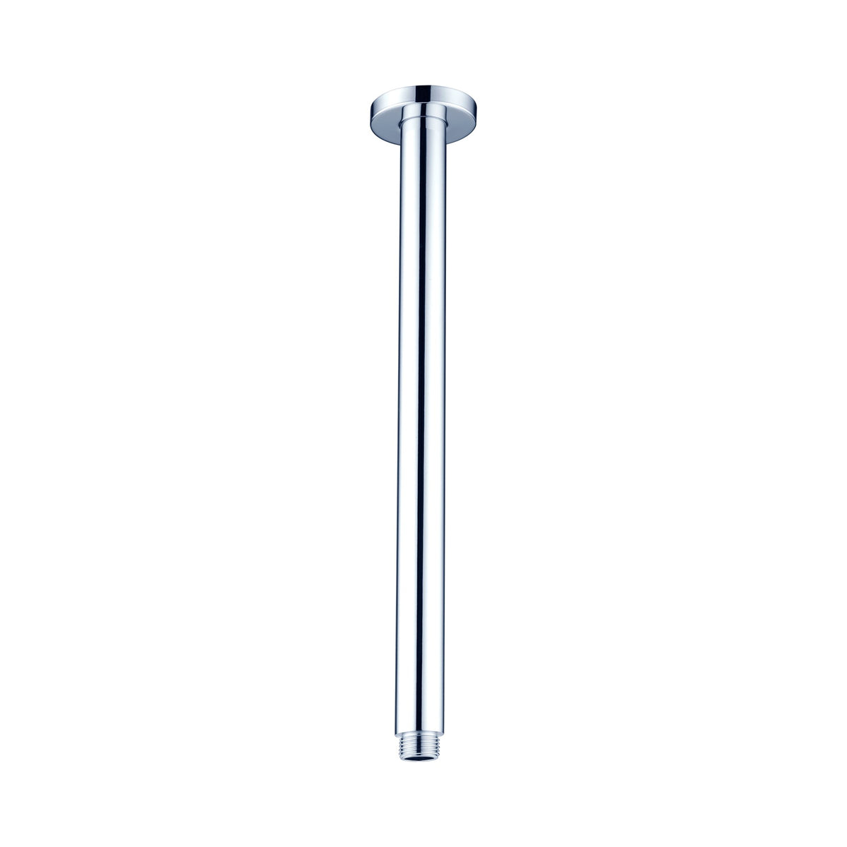 Nero round ceiling shower arm in chrome, 450mm long, with ceiling plate and threaded end on white background