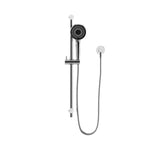 Nero Round Metal Project rail shower in chrome, with round handset on a wall-mounted rail and hose