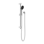 Nero Round Metal Project rail shower in chrome, with round handset and wall-mounted rail, shown on white background