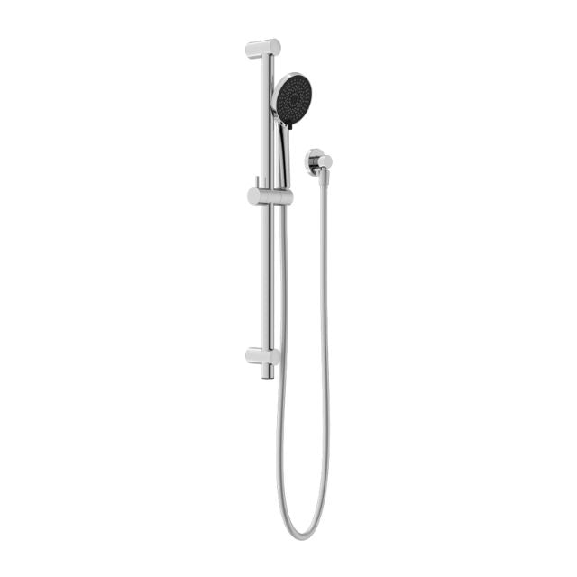 Nero Round Metal Project rail shower in chrome, with round handset and wall-mounted rail, shown on white background