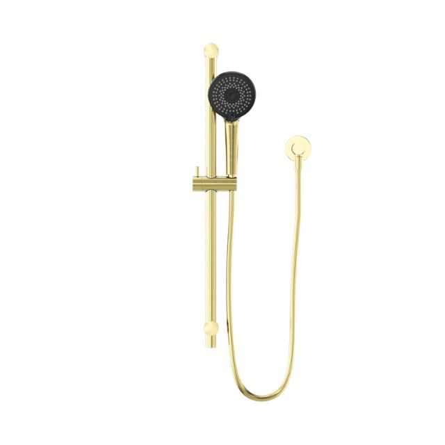Nero Round metal shower rail in brushed gold with black handset and hose, wall-mounted on white background