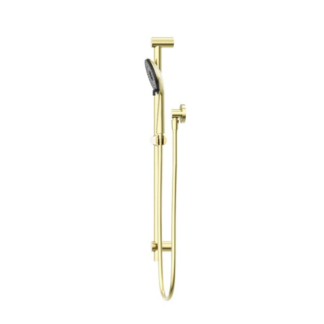 Nero Round metal shower rail in brushed gold, wall-mounted with handset and hose on a white background