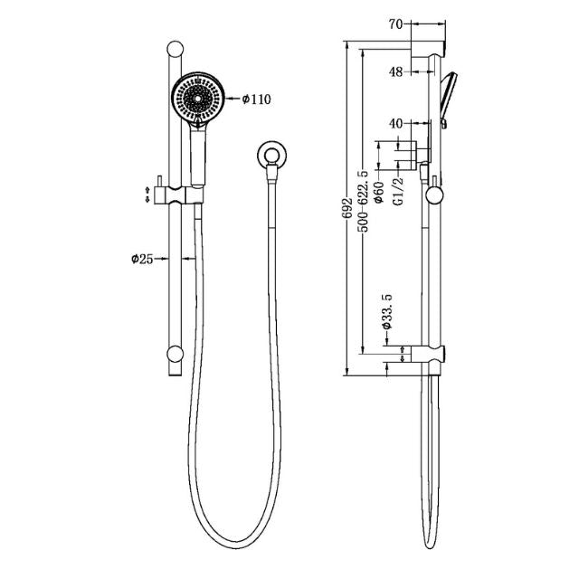 Technical drawing of Nero Round Metal Project shower rail in brushed gold with handset, hose and measurements for wall mounting