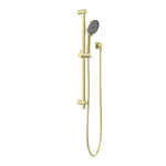 Nero round shower rail in brushed gold with handheld shower head and hose, wall-mounted on white background