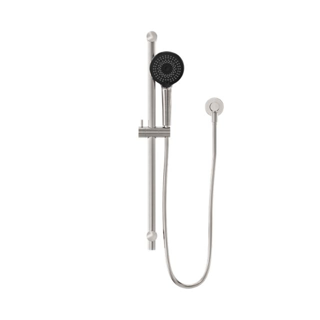Nero round metal shower rail in brushed nickel with handheld shower, hose and wall elbow on white background