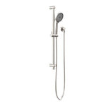 Nero Round Metal Project shower rail in brushed nickel with handheld shower and hose, front view on white background