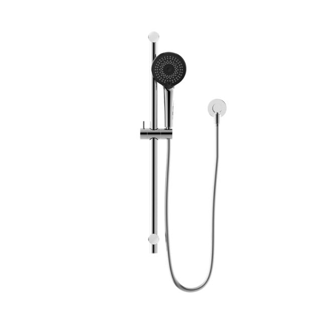 Nero Round Metal Project shower rail and handset in chrome, wall-mounted with round slider rail and hose