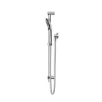 Nero Round Metal Project shower rail in chrome, wall-mounted with handheld shower and hose, front view on white background