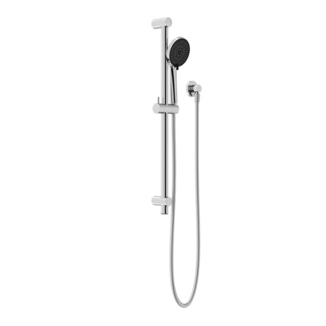 Nero Round Metal Project shower rail in chrome with round handset and hose, wall-mounted on white background