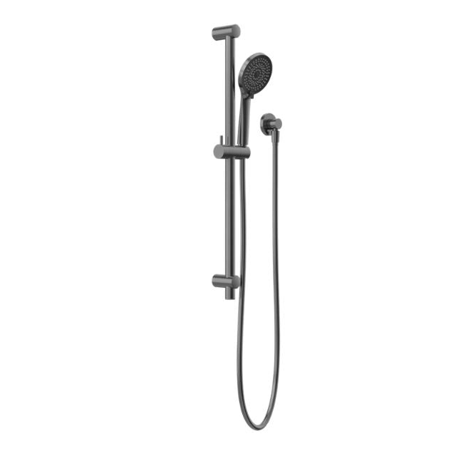 Nero round metal shower rail in gun metal with handset, hose and adjustable slide rail, wall mounted on white background