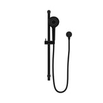 Nero Round Metal Project shower rail in matte black with round handheld showerhead and hose, wall-mounted on white background