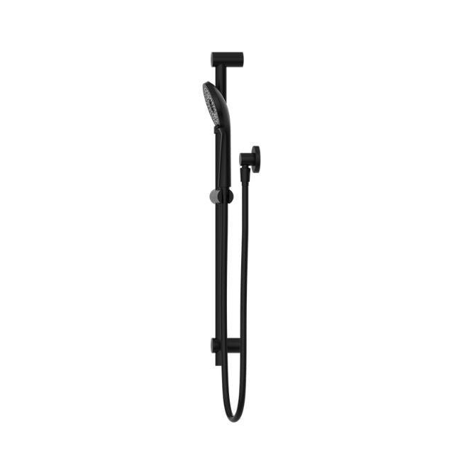 Nero Round Project shower rail in matte black, wall mounted with adjustable handset and hose, front view