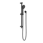Nero Round metal project shower rail in matte black, wall-mounted with round handset and hose on a white background