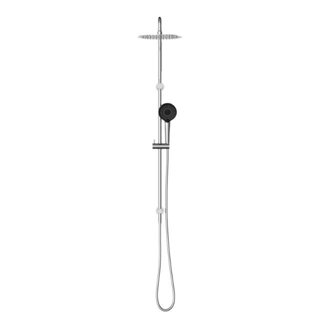 Nero Round Project twin rail shower in chrome, with overhead rain shower, hand shower and hose on wall-mounted rail