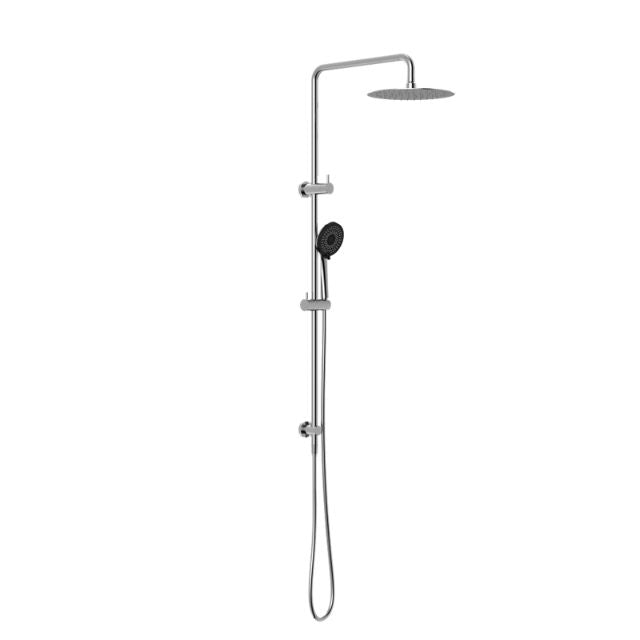 Nero Round Project twin rail shower in chrome, with overhead rain shower and handheld on wall-mounted rail