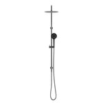 Nero Round Project twin shower in gunmetal, wall-mounted rail with overhead rain head and hand shower on white background