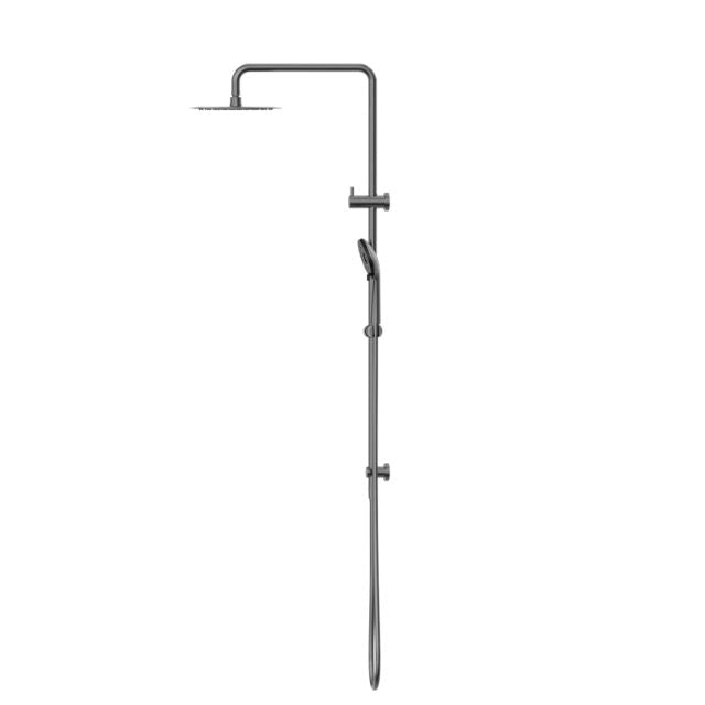 Nero Round Project twin shower in gunmetal, wall-mounted rail with overhead shower and hand shower, front view
