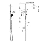 Nero Round Project twin shower technical drawing in gun metal, showing wall-mounted rail, overhead shower and hand shower dimensions