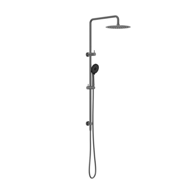 Nero Round Project twin shower in gun metal, wall-mounted rail with round overhead rain shower and hand shower centerline view