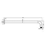Nero Round shower arm technical drawing in chrome, L-shaped with wall plate and 500mm projection, G1/2 threads