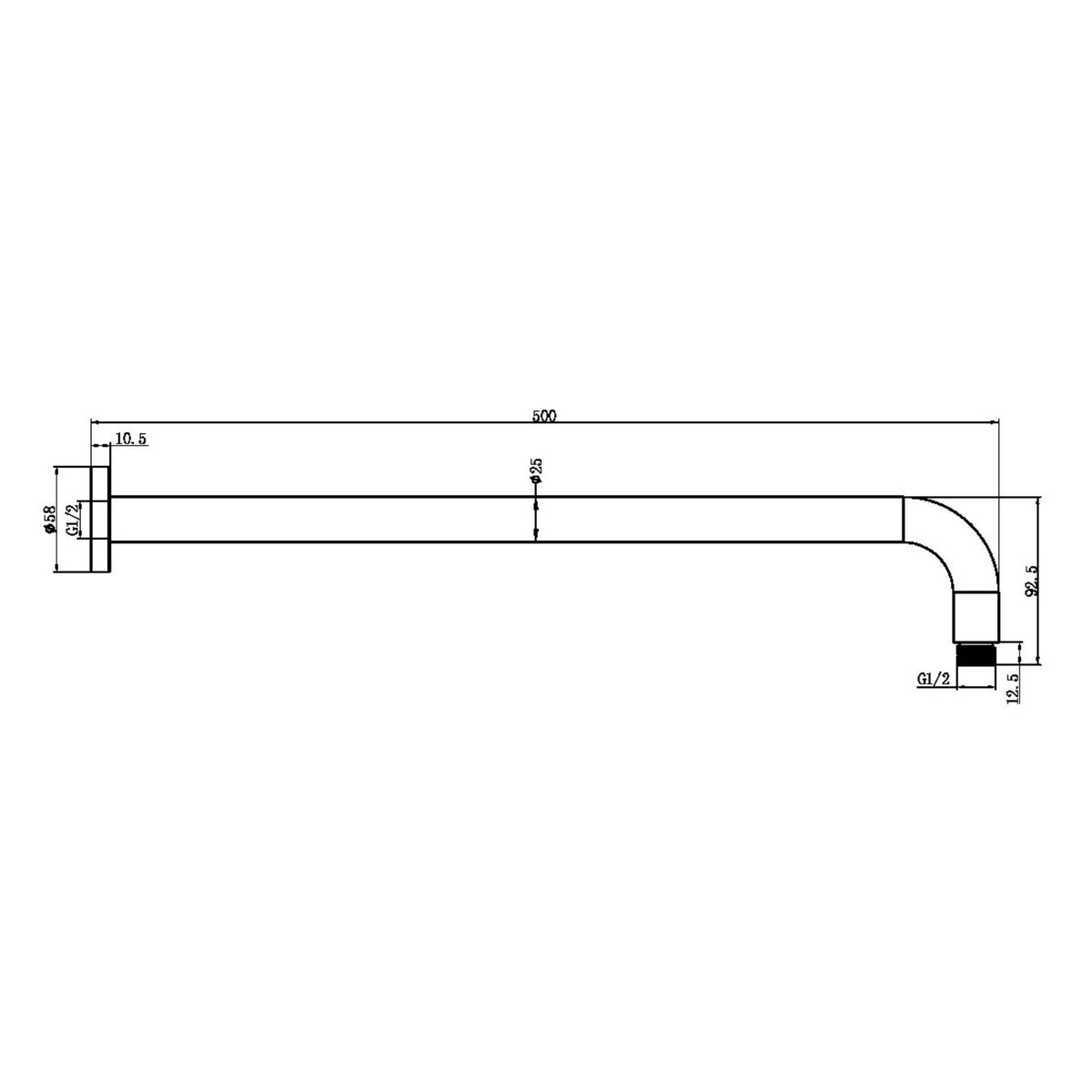 Nero Round shower arm technical drawing in chrome, L-shaped with wall plate and 500mm projection, G1/2 threads