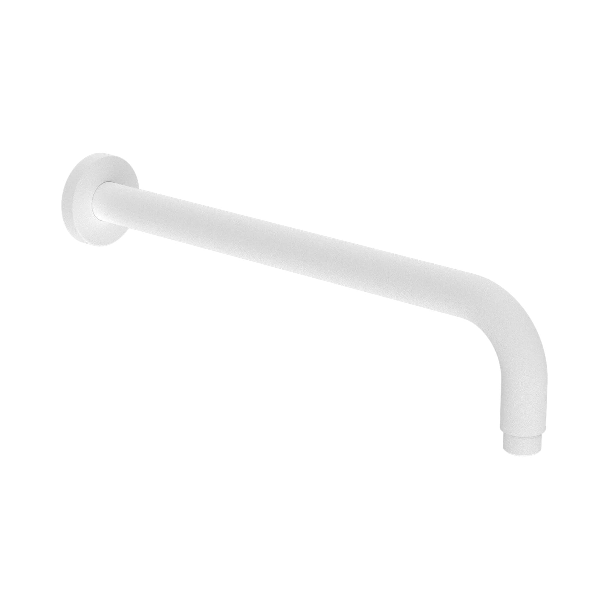 Nero round shower arm in matte white, wall-mounted L-shaped brass arm with round wall plate, side view
