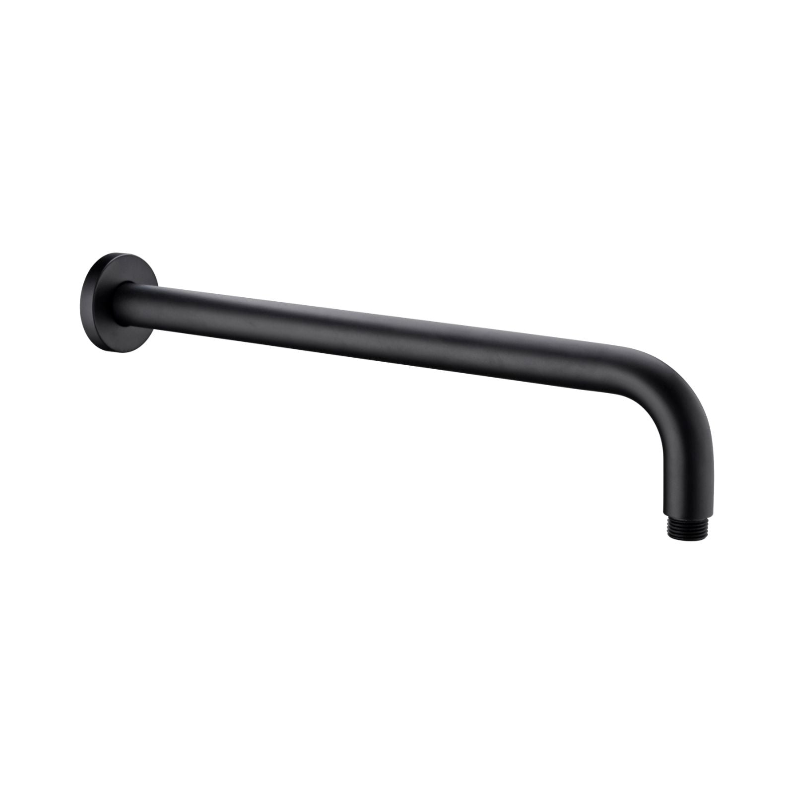 Nero round wall-mounted shower arm, matte black, 500mm length, with curved L-shape and threaded end