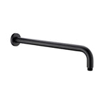 Nero round wall-mounted shower arm, matte black, 500mm length, with curved L-shape and threaded end