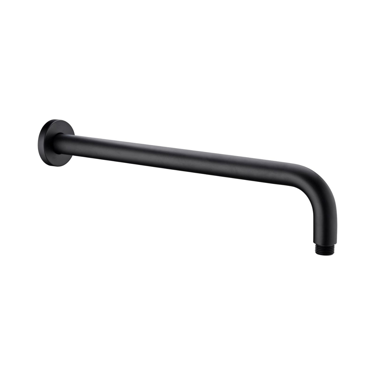 Nero round wall-mounted shower arm, matte black, 500mm length, with curved L-shape and threaded end