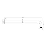 Nero Round Shower Arm technical drawing, 500mm wall-mounted brass arm with G1/2 fittings, side view in matte black bias