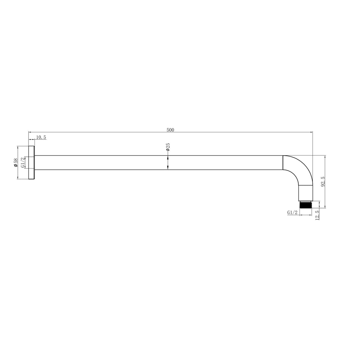 Nero Round Shower Arm technical drawing, 500mm wall-mounted brass arm with G1/2 fittings, side view in matte black bias