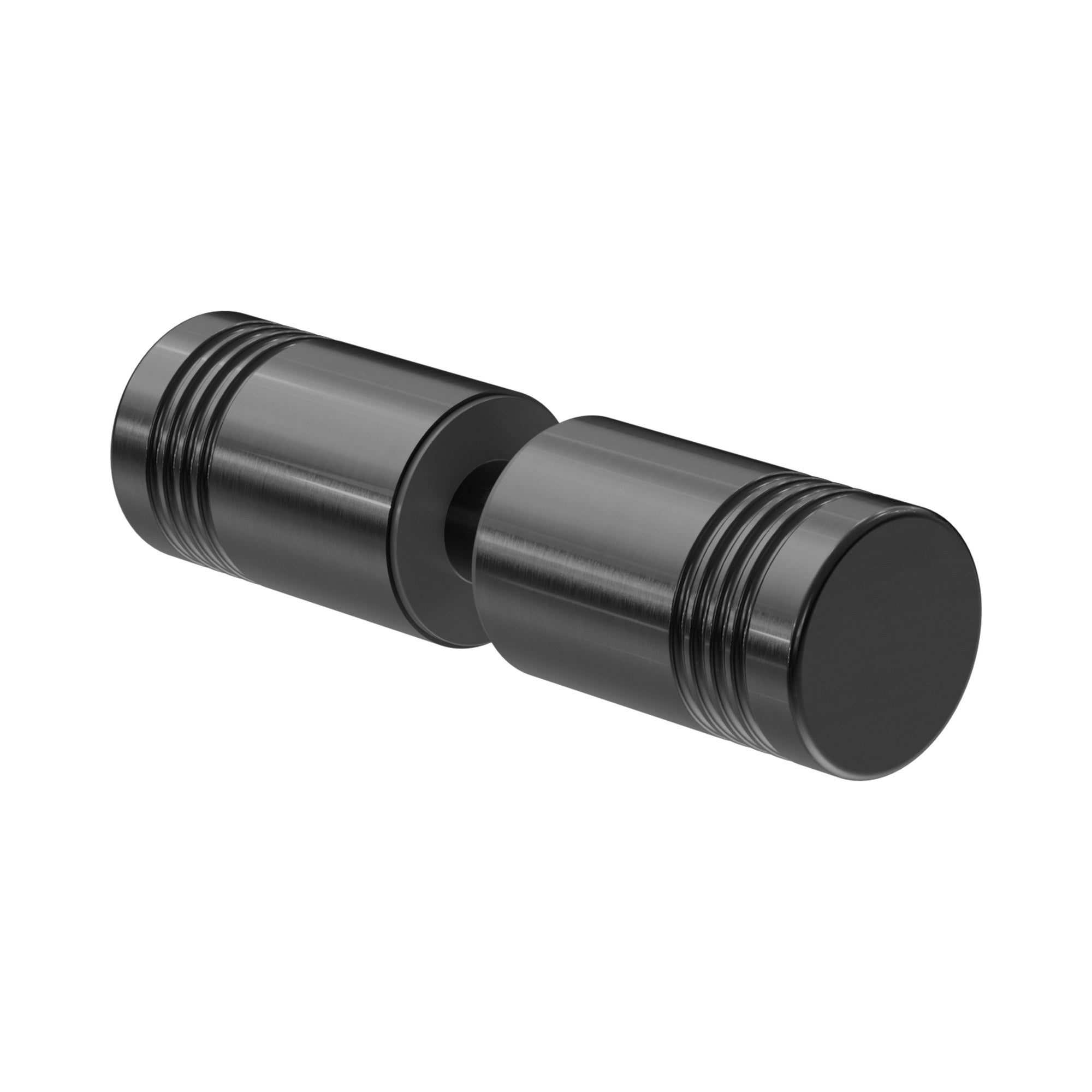 Nero round shower knob in gun metal finish, brass, with grooved cylindrical design on white background