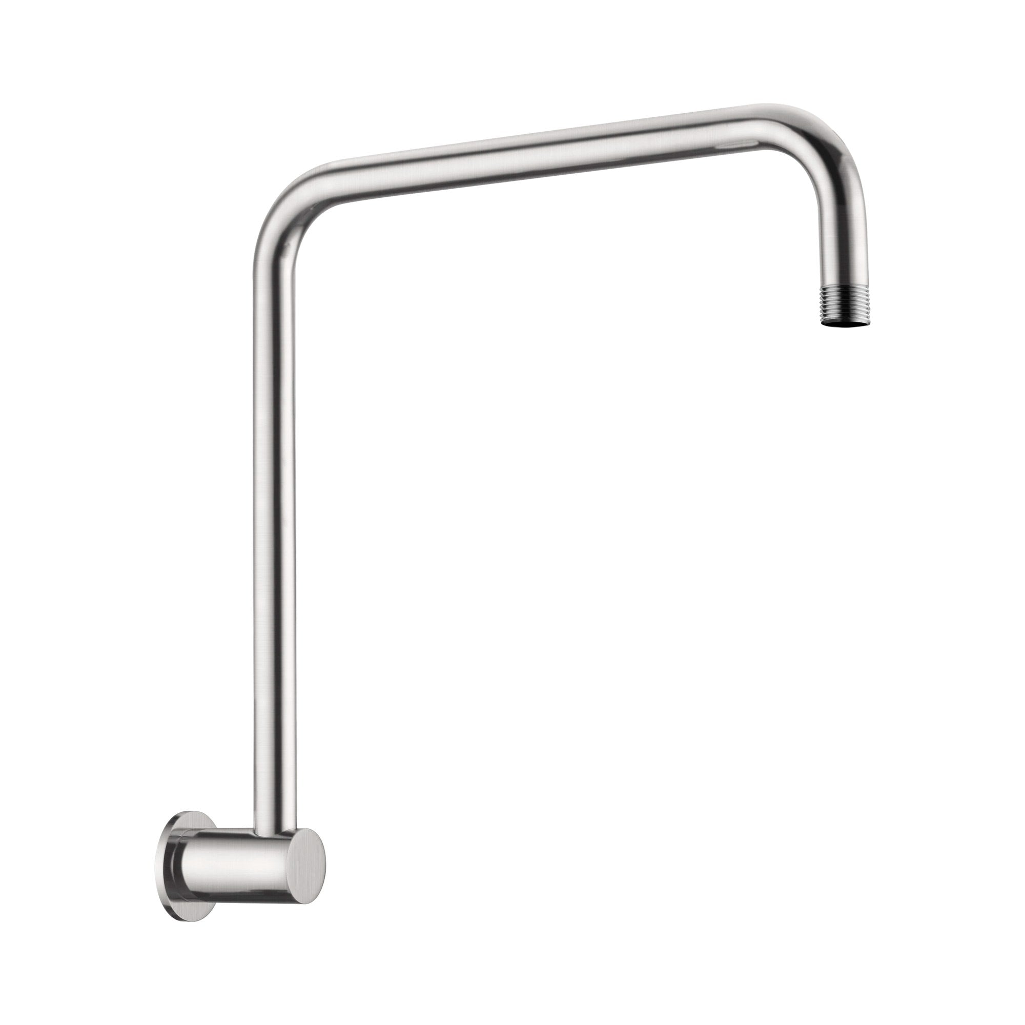 Nero round swivel shower arm in brushed nickel, wall mounted with right-angle bend and threaded end, on white background