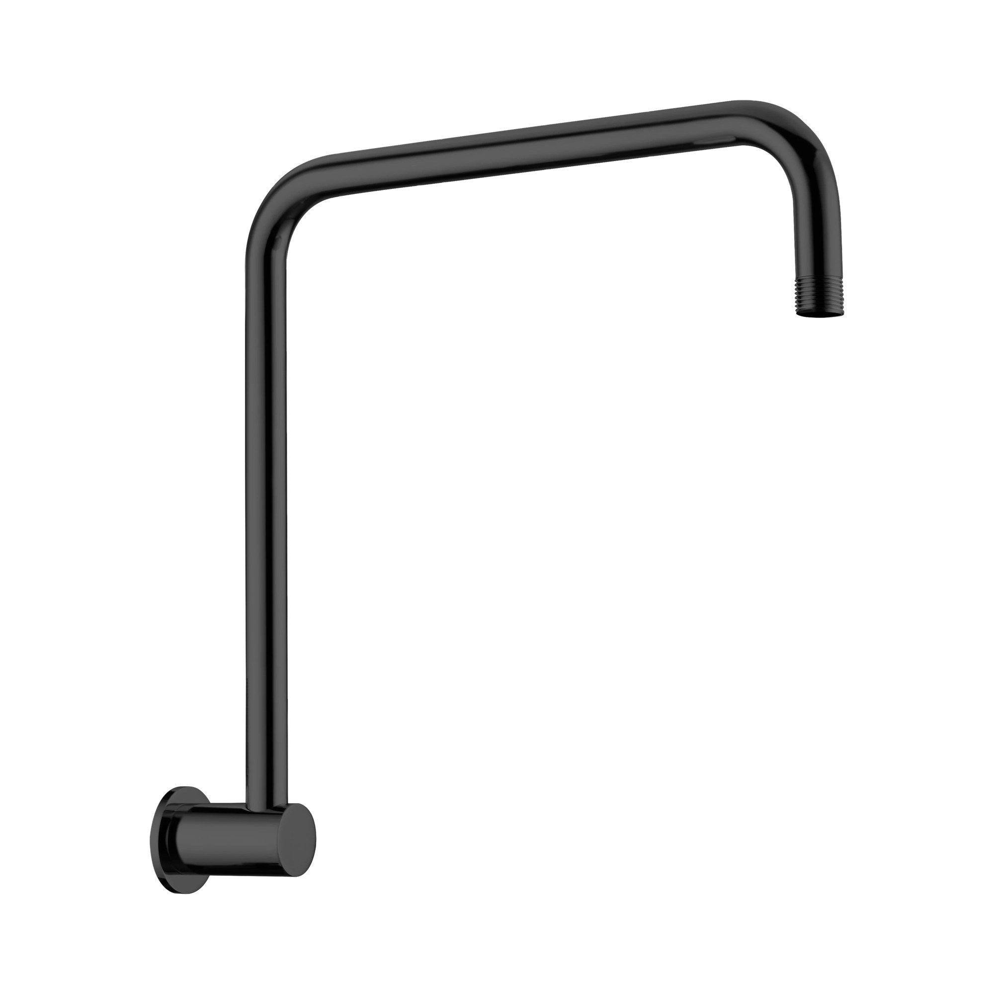 Nero round swivel shower arm in matte black, wall-mounted brass arm on white background