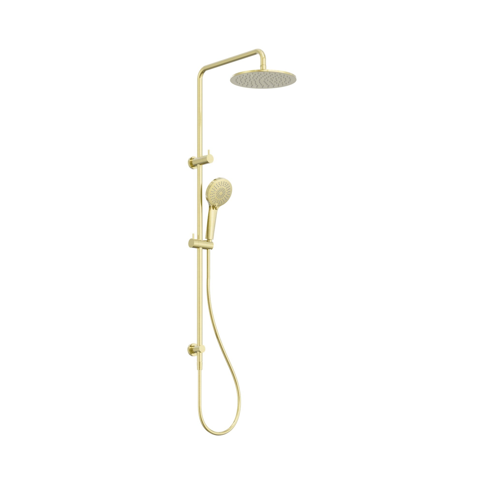 Nero round twin shower in brushed gold with overhead rain shower, hand shower and wall-mounted rail on white background