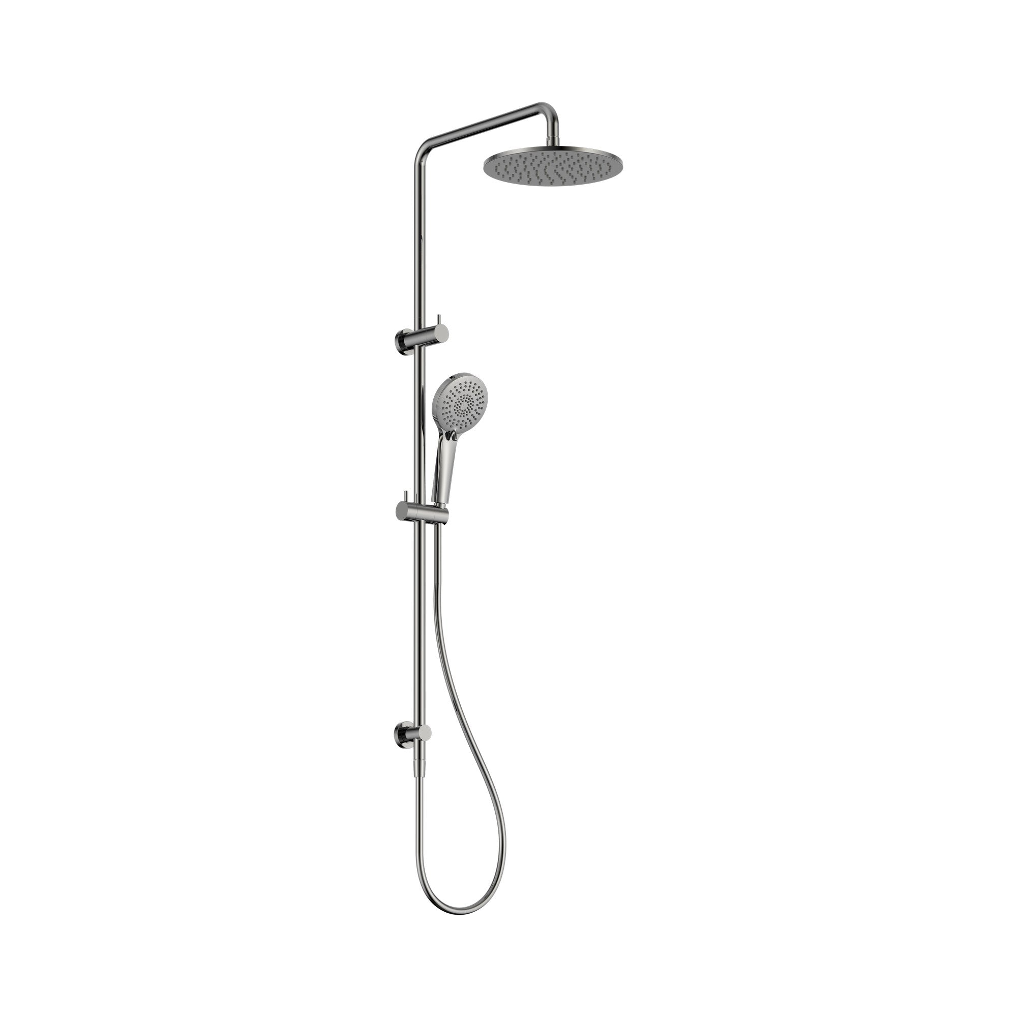 Nero Round twin shower in chrome with overhead rose, handheld shower and rail mounted on white background