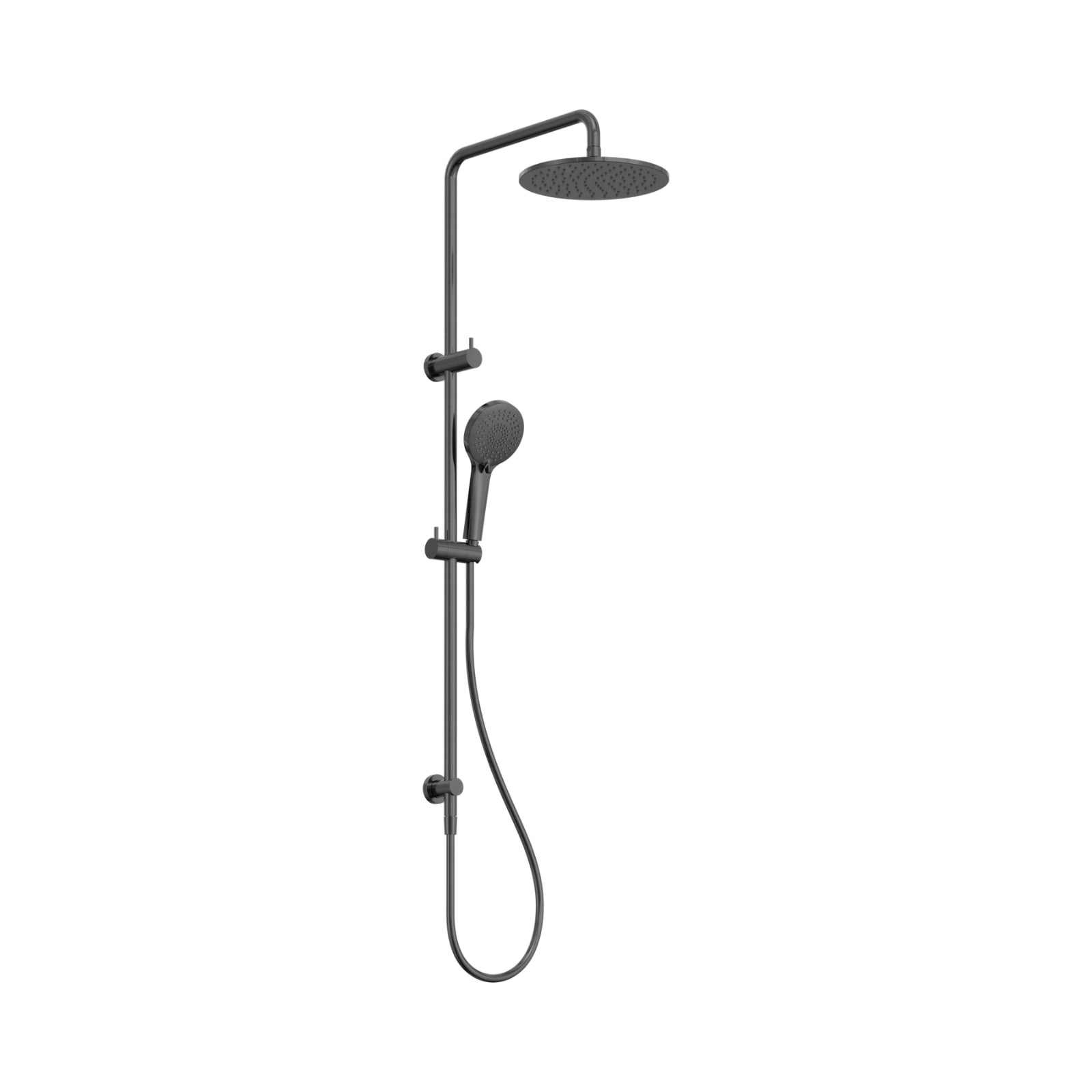 Nero Round twin shower in gun metal with round overhead shower head and handheld rail shower on white background