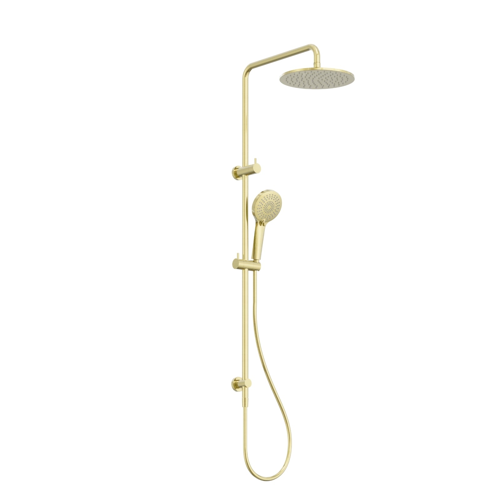 Nero Round twin shower in brushed gold, with round overhead rain shower and handheld on wall-mounted rail