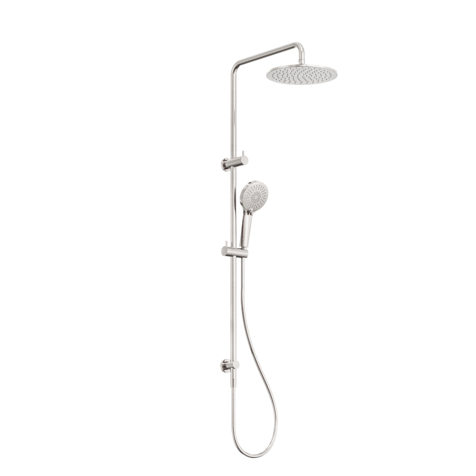 Nero Round twin shower in brushed nickel, with overhead rain shower, hand shower and rail on white background