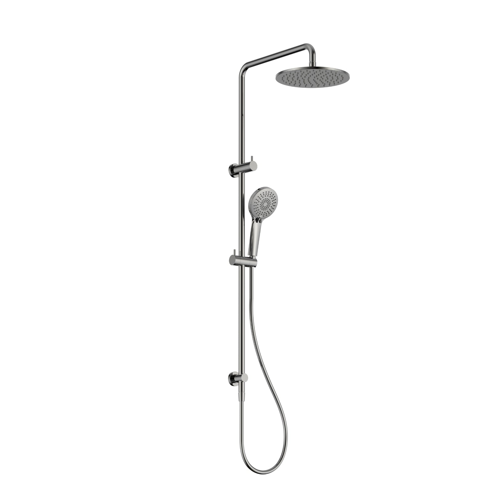 Nero Round twin shower in chrome with overhead round shower, hand shower and rail on white background