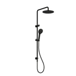 Nero Round twin shower rail in matte black with overhead round shower head and hand shower on white background