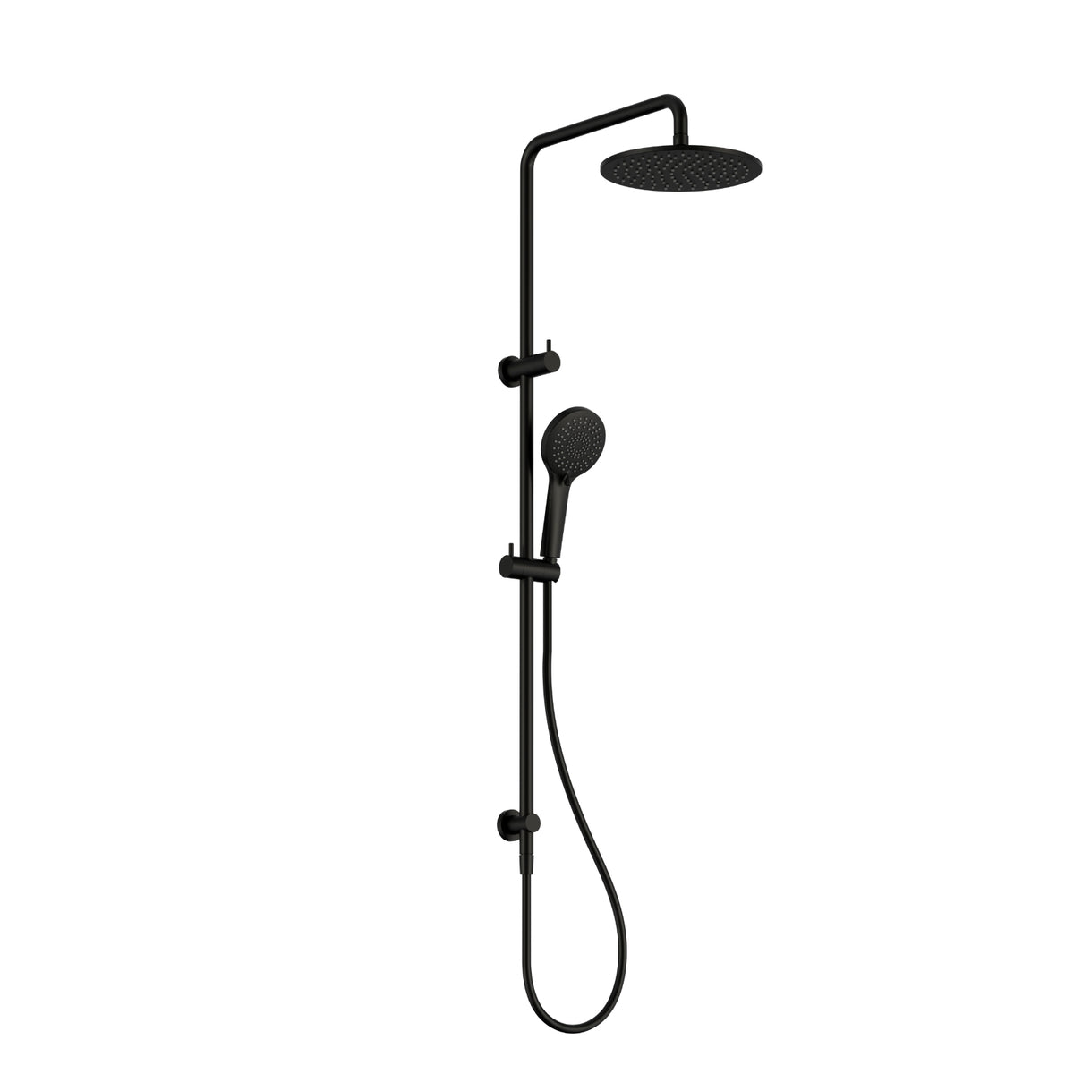 Nero Round twin shower rail in matte black with overhead round shower head and hand shower on white background