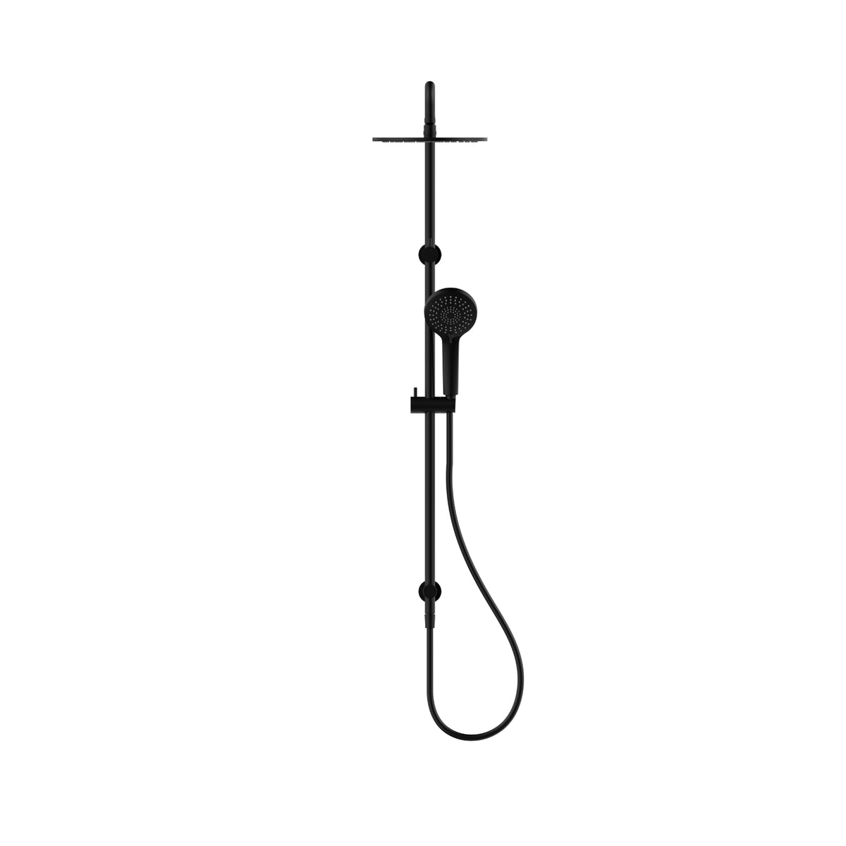 Nero Round twin rail shower in matte black, with round overhead shower head and hand shower on wall rail, front view