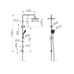 Technical drawing of Nero Round twin shower in matte black, showing overhead and hand shower dimensions and wall-mounted rail layout