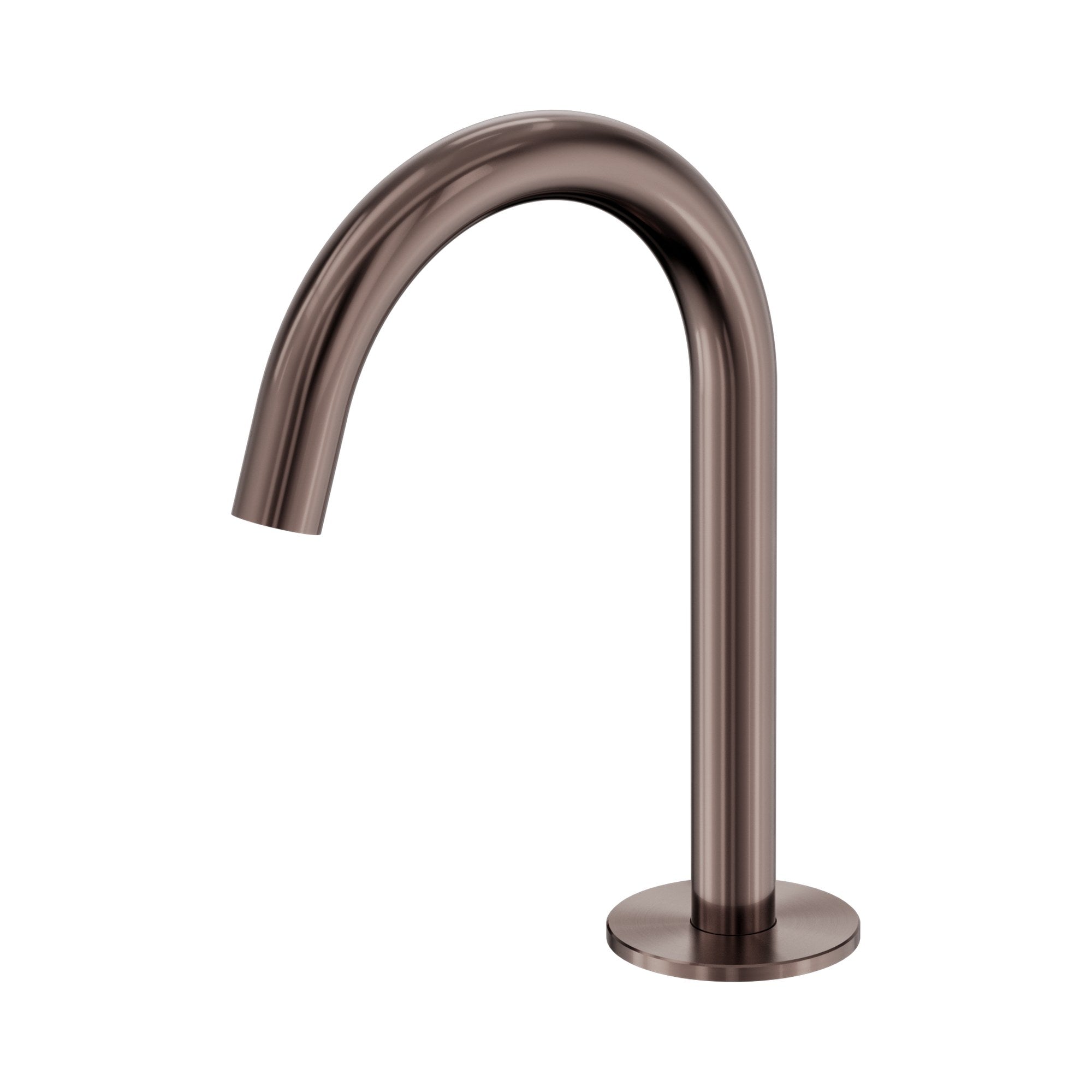 Nero Serenity basin arc spout in brushed bronze, curved hob-mounted tap spout on round base on white background