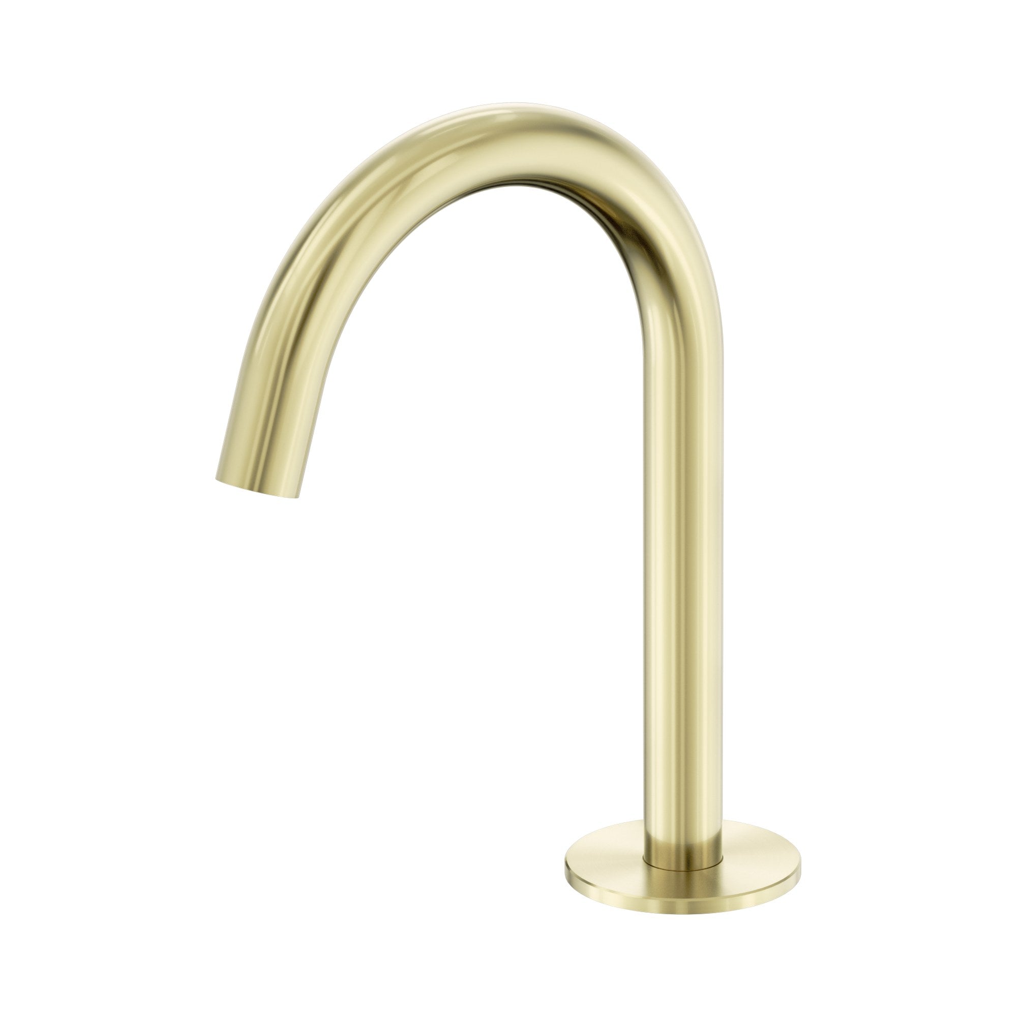 Nero Serenity basin arc spout in brushed gold, curved hob-mounted tap spout on white background