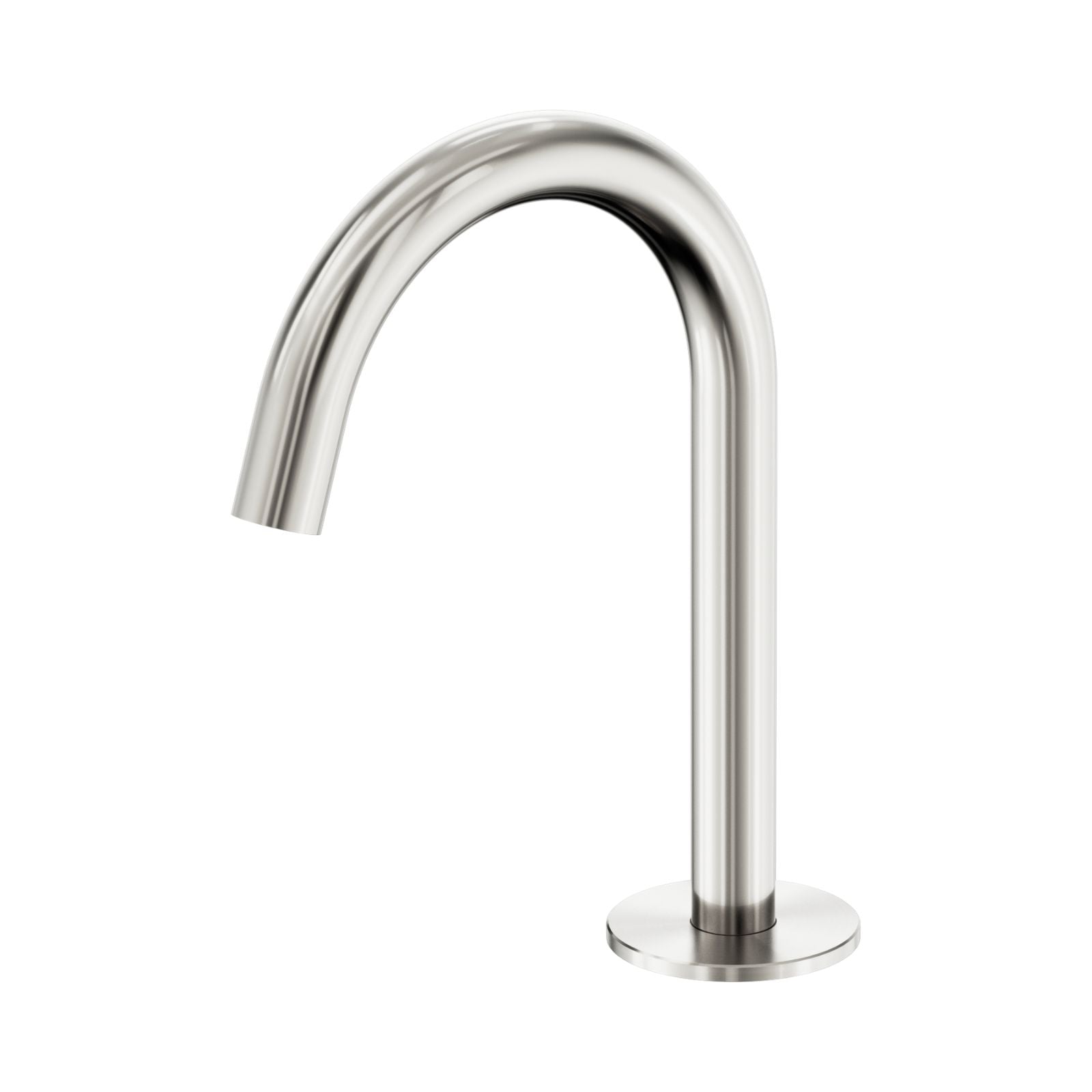 Nero Serenity basin arc spout in brushed nickel, hob mounted with curved swivel design and round base