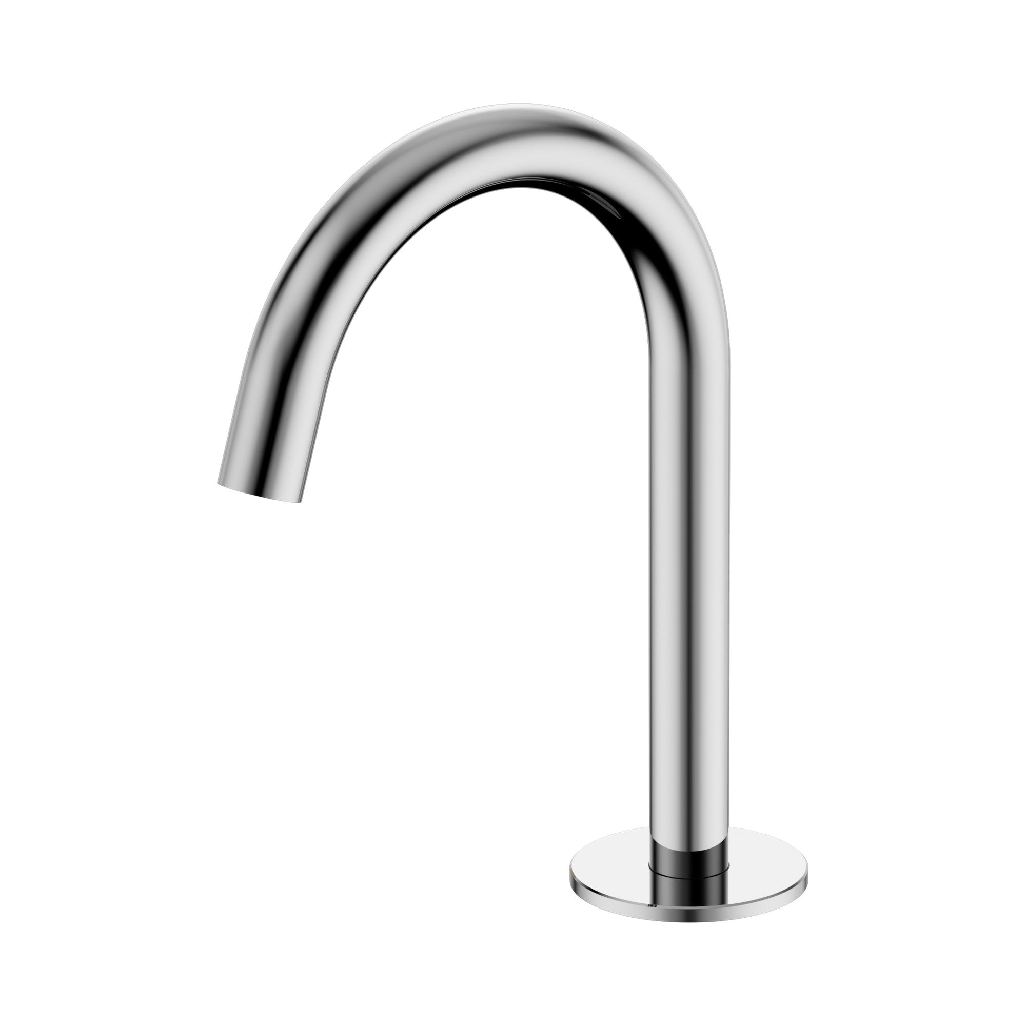 Nero Serenity basin arc spout in chrome, curved hob-mounted tap spout on white background