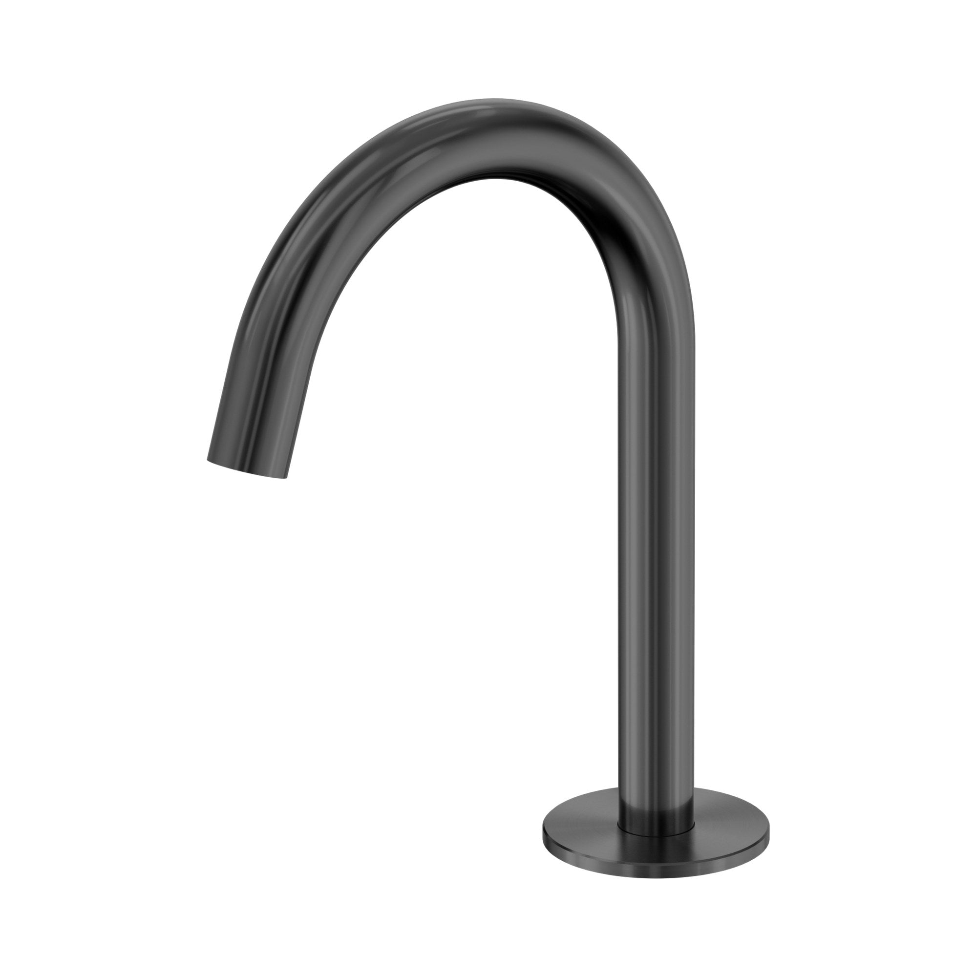Nero Serenity basin arc spout in gun metal, hob mounted with curved chrome-style profile on white background