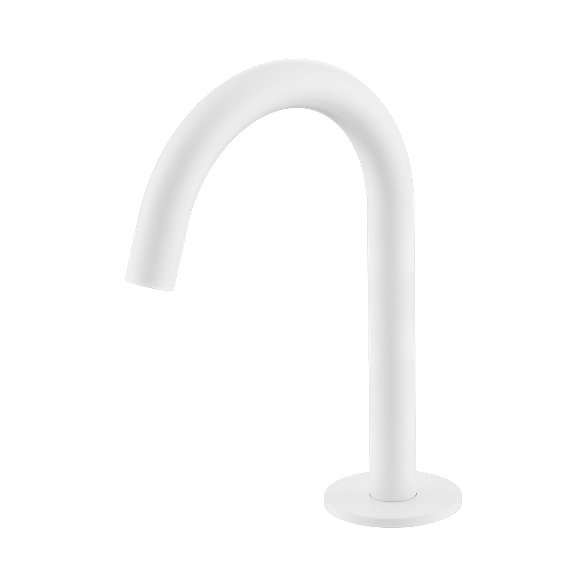 Nero Serenity basin arc spout in matte white, curved hob-mounted tap spout on white background